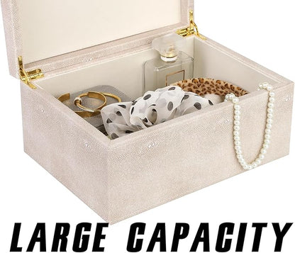 HofferRuffer Faux Leather Decorative Box, Large Wooden Structure Keepsake Box Accessory Organizer Jewelry Organizer with Hinged Lid, Storage Container for Home or Office (LightGrey Shagreen)