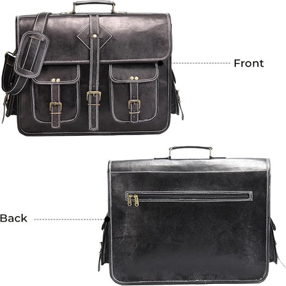 Vintage Leather Laptop Bag for Men Full Grain Large Leather Messenger bag for men 18 inches with rustic look Brown briefcase (Black)
