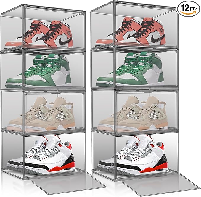 12 Pack Large Shoe Organizers Storage Boxes for Closet Clear Plastic Stackable Shoe Box Storage Bins with Lids, Under Bed Shoe Containers for Entryway, Size 12 Gray
