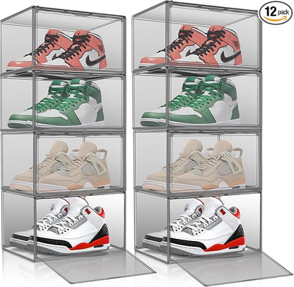 12 Pack Large Shoe Organizers Storage Boxes for Closet Clear Plastic Stackable Shoe Box Storage Bins with Lids, Under Bed Shoe Containers for Entryway, Size 12 Gray
