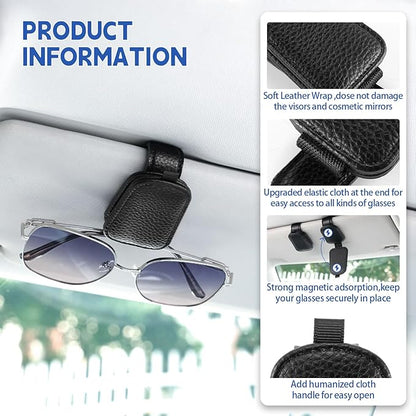 JUSTTOP 2 Pack Sunglasses Holders for Car, Magnetic Leather Buckle Sun Visor Sunglass Clip, Ticket Card Clip Sunglasses Mount, Car Interior Accessories for Men and Women (Black)