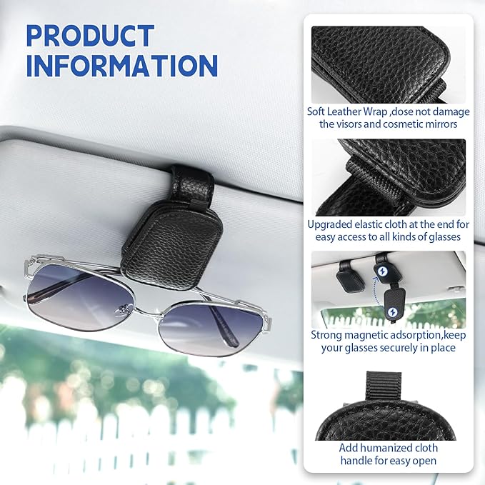 JUSTTOP 1Pack Sunglass Holder for Car, Magnetic Leather Buckle Sun Visor Sunglass Clip, Ticket Card Clip Sunglasses Mount, Car Interior Accessories for Men and Women (Black)