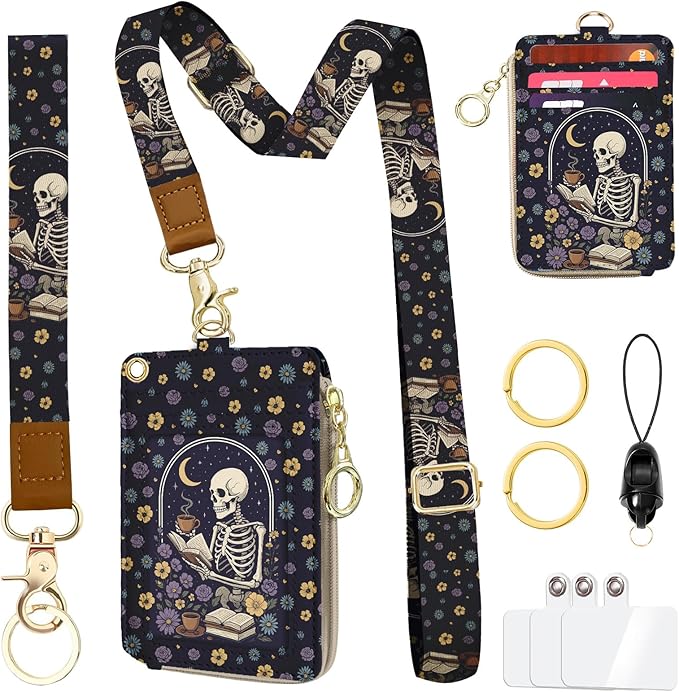 Gothic Lanyard Wallet for Id Badges, Funny Skull Card Holder with Neck Lanyard Wristlet, RFID PU Leather ID Case with Adjustable Lanyard Keychain for Women Teacher Student Nurse Work Office