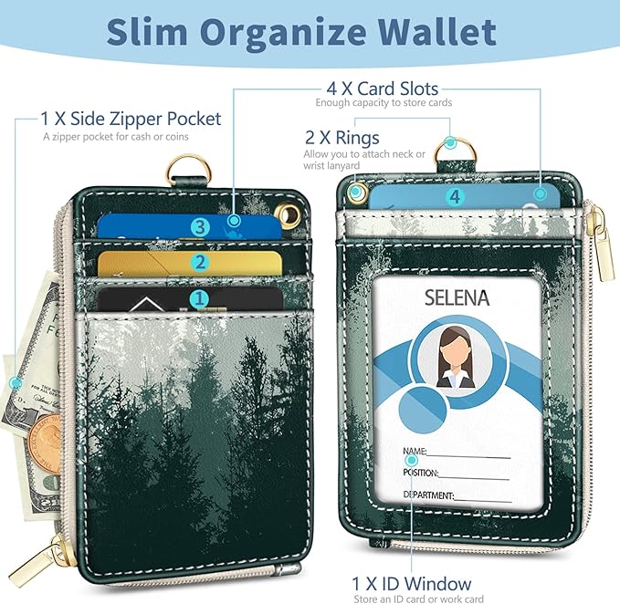 Misty Forest Lanyard Wallet with Id Badge Holder, Small Keychain RFID Wallet Women, Zipper Credit Card Holder Phone Wrist Wristlet Neck Strap for Key Name Tag, Teacher Student Office Gifts