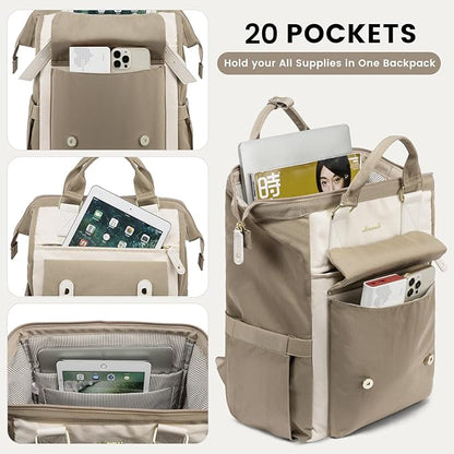 LOVEVOOK 17 inch Laptop Backpack for Women, Teacher Nurse Work Travel Backpacks Purse,Computer Bag, Khaki Beige
