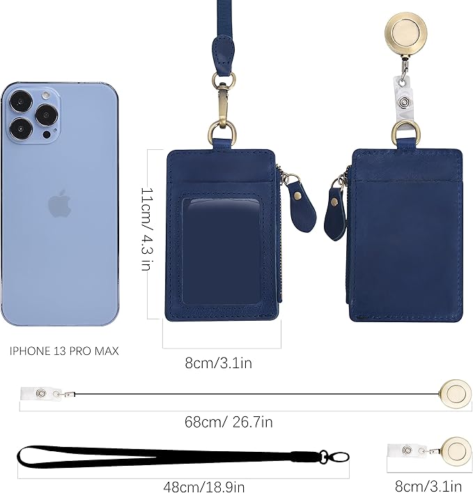 Wonderpool Leather ID Badge Holder with Zipper Wallet Pouch - Card Slots Case Detachable Neck Lanyard and Retractable Badge Reel for Office School Hospital Exhibition ID (Blue)