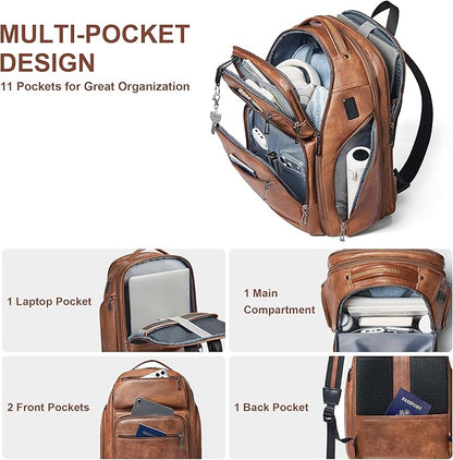 Vegan Leather Backpack, 40L Expandable, TSA Travel Backpack for Men and Women, Fits 17.0 Inch Notebook with Luggage Strap and USB Port, Brown