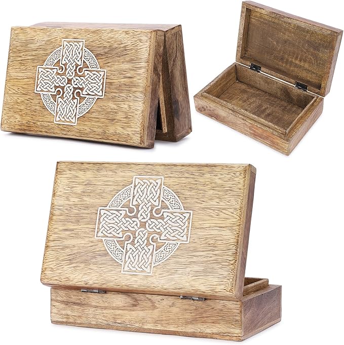 Ajuny Handmade Decorative Wooden Jewelry Box Celtic Cross Design Multipurpose Treasure Chest Storage Organizer Trinket keepsake Necklaces Watch Boxes, Great Gifts - 8x5 Inch