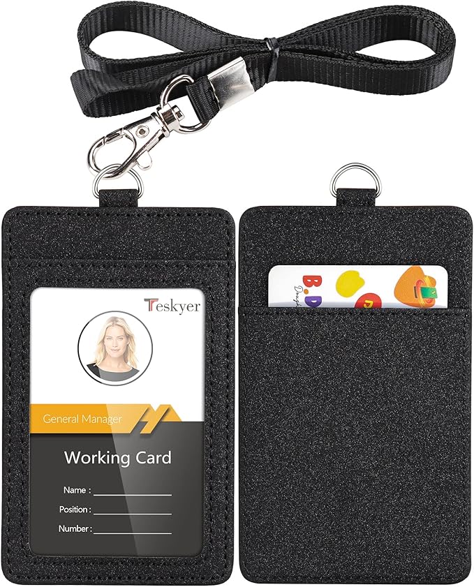 Teskyer Badge Holder with Lanyard, Leather ID Name Badge Card Holder with Lanyard for ID Badges, Vertical, Starry Black