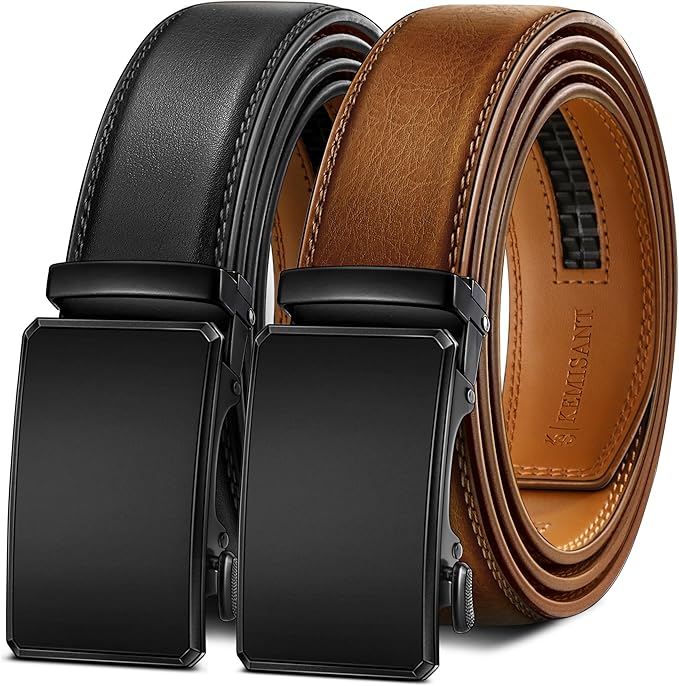 KEMISANT Men Belt 2 Pack, Leather Ratchet Belt Easy Click Slide For Men 1 3/8",Cut for Fit