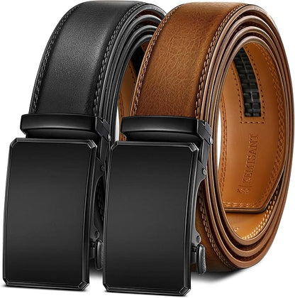 KEMISANT Men Belt 2 Pack, Leather Ratchet Belt Easy Click Slide For Men 1 3/8",Cut for Fit