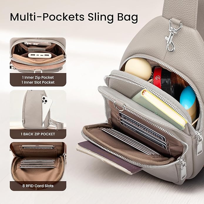 befen Genuine Leather Small Sling Bag for Women Anti-Theft Crossbody Chest Bags Multi-Pockets Fanny Pack with RFID Card Slots