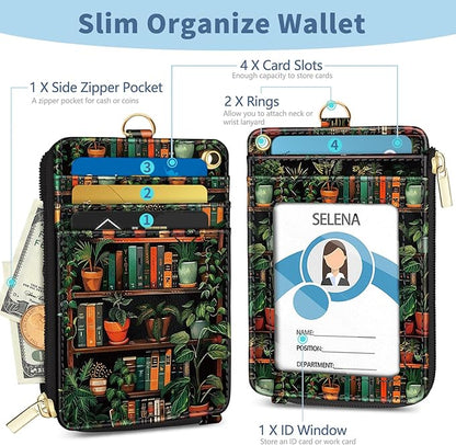 Lanyard Wallet with Id Badge Holder, Bookshelf RFID Small Keychain Wallet Women Wristlet, Cute Zipper Credit Card Holder Phone Wrist Neck Strap for Key Name Tag, Teacher Student Office Gifts