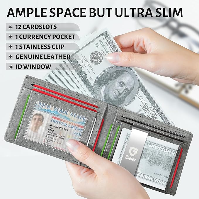 GSOIAX Slim Leather RFID Bifold Wallet for Men Minimalist Front Pocket Wallet with Money Clip,12 Card Slots,ID Window,Cool Groove Design,Includes Gift Box (Retro Grey)