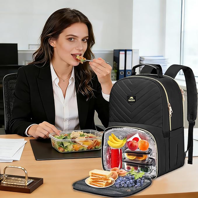 MATEIN Work Backpack with Lunch Compartment, Insulated Quilted Lunch Backpack for Women, Water Resistant Lunchbox Back Pack for Nurse, 15.6 Inch Teacher Work Bag for Office Business Commuting, Black
