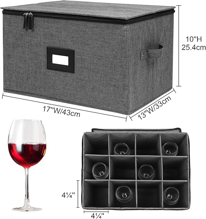 Wine Glass Storage Box 2 Pack, Hard Top Stemware Storage Cases Containers , Stackable Crystal Glass Storage Containers for 24 Glassware Drinkware, with Handles for Moving/Home, 17"x13"x10" Black