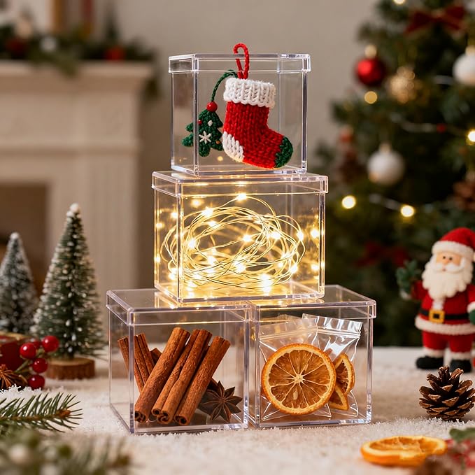 Clear Acrylic Box with Lid, 4 Pack 2.6x2.6x2.6 Inches Clear Decorative Boxes Acrylic Square Cube Storage Container Drawer Organizer for Vanity Jewelry Accessories