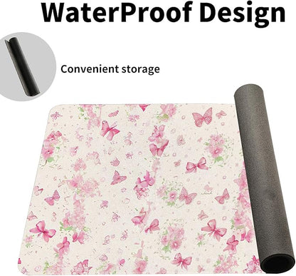 Butterfly Theme Desk Mat for Women, Large PU Leather Desk Pad with Non-Slip Base, Romantic Office Keyboard Mat for Gaming & Home Work, Enchanting Gift Idea（31.5 * 15.75in）
