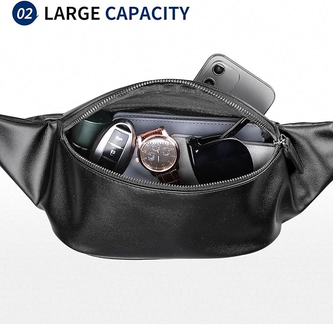 Faux Leather Belt Bag for Men, Crossbody Sling Bag with Adjustable Strap, Back Zipper Pocket, Large Capacity Waist Pack for Travel, Work, Every, Black