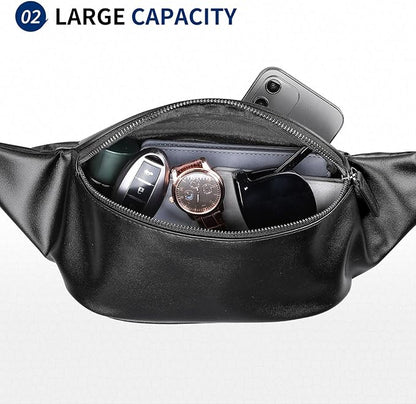 Faux Leather Belt Bag for Men, Crossbody Sling Bag with Adjustable Strap, Back Zipper Pocket, Large Capacity Waist Pack for Travel, Work, Every, Black