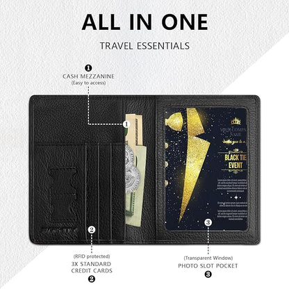 BAPHITY Genuine Leather RFID Blocking Passport Holder Wallet with Zipper Hidden Pocket,Luxury Cover for Men Women,Ideal Gift-black