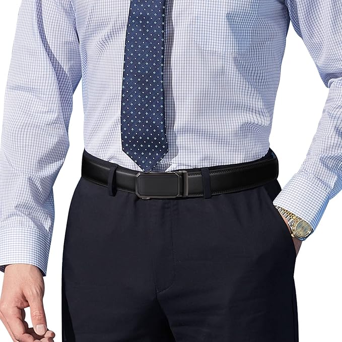 SENDEFN Men's Leather Belt Automatic Ratchet Buckle Slide Belt for Dress Casual Trim to Fit with Gift Box