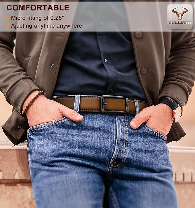 BULLIANT Men Ratchet Belt 2 Pack, Click Sliding Leather Belt Adjustable for Gift Men Dress Casual Jeans 1 3/8,Cut for Fit