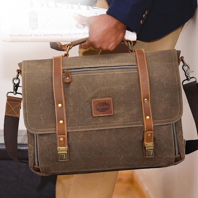 Manificent Laptop Messenger bag for Mens 15.6 Inch, Waterproof Vintage Genuine Leather Mens Briefcase shoulder bag 16 Storage Pockets, Waxed Canvas Leather Computer Business Satchel Work Bag (Brown)