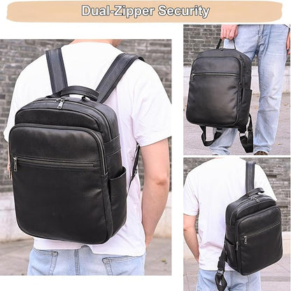 Genuine Leather 15.6 Inch Laptop Backpack for Men & Women, Business Commute Bag Daypack with Multi-Pockets for Travel Outdoor