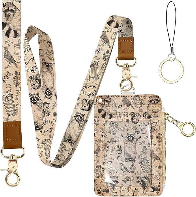 Leather Cute Badge Holder with Zipper Pocket, Raccoon Lanyards and 1 Zip Pocket and 4 Card Slots, Breakaway Lanyards with Metal Clasp for Offices, Staff, Adult, Employees