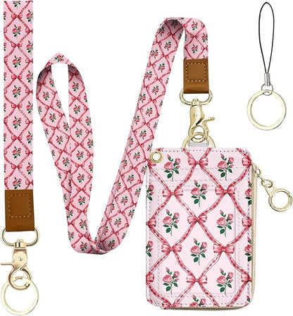 bolimoss Pink Bow Lanyard Wallet & ID Badge Holder, Cute Rose Florals Teacher Lanyard for ID Badge, Small Leather Wallet with Zipper Pocket, Badge Holder with Breakaway Neck Wrist Lanyards