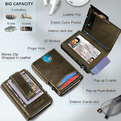 miyozi Wallet for Men, Magnetic Minimalist Slim Wallet with Pop Up Card Holder, 9 Cards RFID Blocking Metal Credit Card Case, Leather Wrapped Money Clip, ID Window & Small Item Slot, Gift Boxed