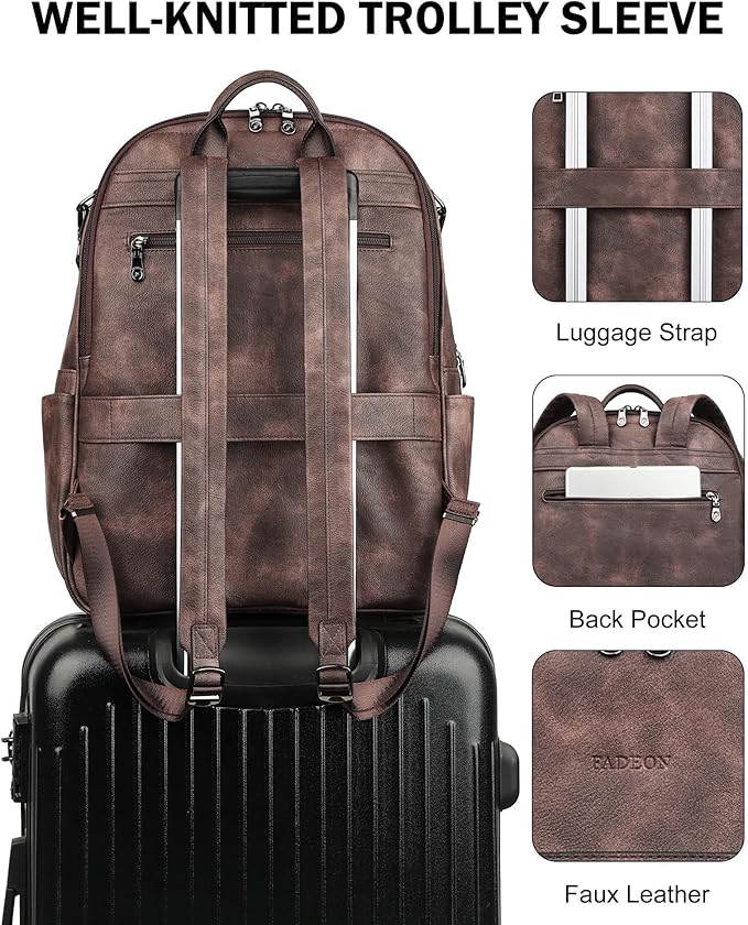 FADEON 15.6 inch Laptop Backpack Purse for Women Designer PU Leather Computer Backpacks Fashion for Work Travel Coffee Brown