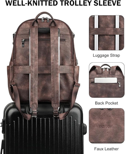FADEON 15.6 inch Laptop Backpack Purse for Women Designer PU Leather Computer Backpacks Fashion for Work Travel Coffee Brown