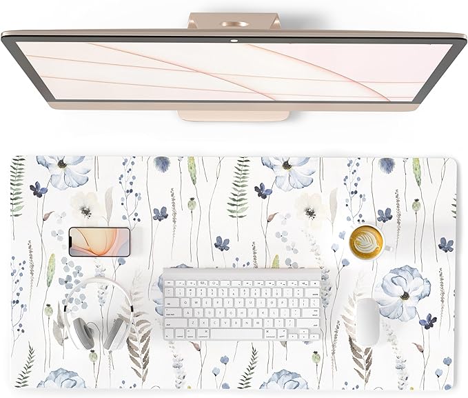 QiyI Large Mouse Pad for Desk, Floral Desk Mat for Desktop, Women Girls Office Décor Desk Accessories, PU Leather Waterproof Gaming Mousepad, Watercolor Flowers Desk Pad Computer Mat, 31.5" x 15.7"