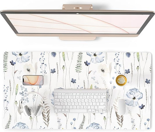 QiyI Large Mouse Pad for Desk, Floral Desk Mat for Desktop, Women Girls Office Décor Desk Accessories, PU Leather Waterproof Gaming Mousepad, Watercolor Flowers Desk Pad Computer Mat, 31.5" x 15.7"