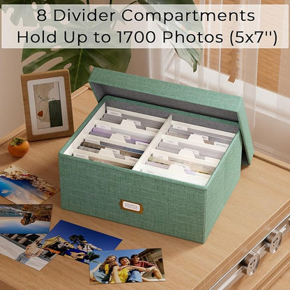Decorative Photo Storage Box - Linen Photo Box Organizer with Dividers, Fits Holds Up to 1700 Pictures and 5x7 Photos, Memory Keepsake Organizer for Photos, Scrapbook Supplies, Cards, Stamps (Green)
