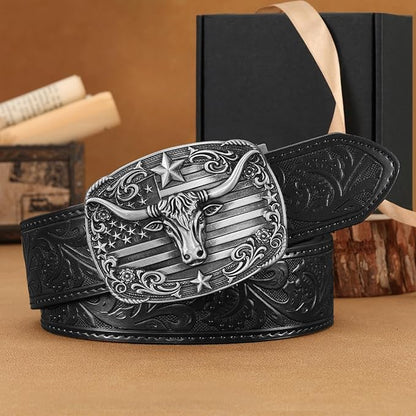 Cowboy Western Ratchet Belt for Men Women with Automatic Western Buckle, Ratchet Cowboy Leather Belt for Jeans Gifts
