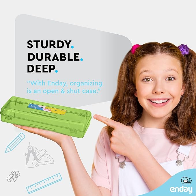 Enday Pencil Box Green, Storage Organizer Utility Box, Multipurpose Long Ruler Length School Office Supplies Plastic Pencil Case for Kids & Adults Available in Red, Pink, Grey, Purple, Blue, 1PK