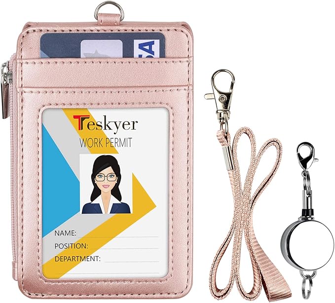 Teskyer Leather Badge Holder with Lanyard and Retractable Badge Reel, 4 Card Slots ID Card Holder with 1 Zipper Pocket for Office School Name Work IDs, Rose Gold