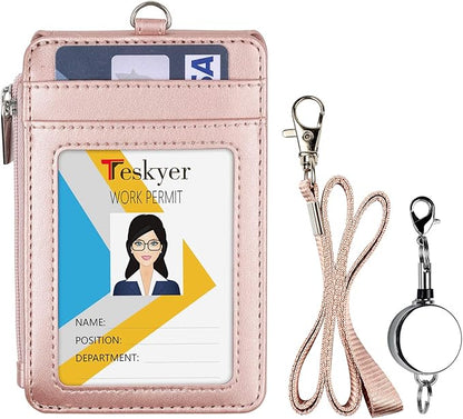 Teskyer Leather Badge Holder with Lanyard and Retractable Badge Reel, 4 Card Slots ID Card Holder with 1 Zipper Pocket for Office School Name Work IDs, Rose Gold