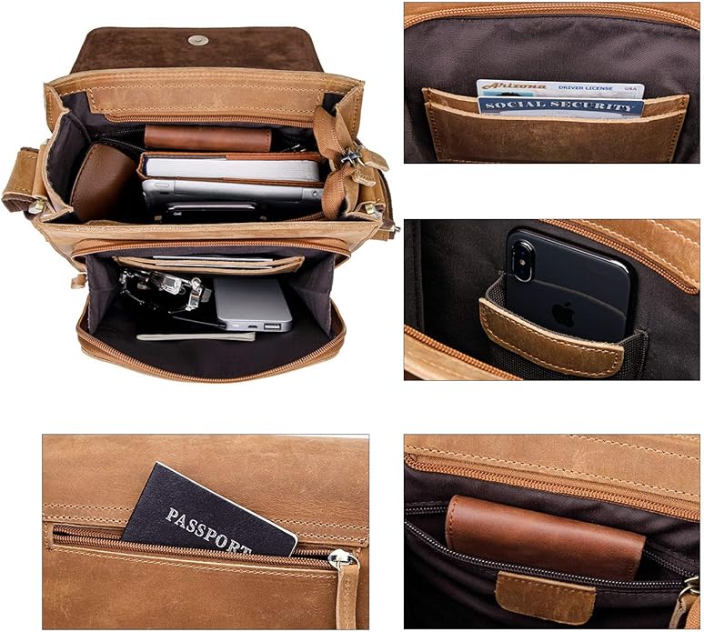 Augus Leather Messenger Crossbody Shoulder Bag for Men Work Business Casual Adjustable straps With YKK Metal Zipper