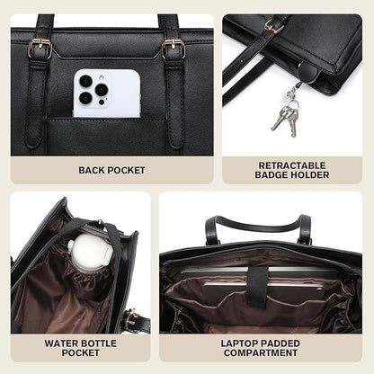 Keyli 4pc Sets Laptop Bag for Women Large Leather Laptop Briefcase with USB Charging Port Computer Shoulder tote Bags Purse