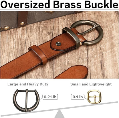 Women's 1.5 inch Leather Belt with Large Brass Buckle - Trendy Vintage Style for Jeans and Pants