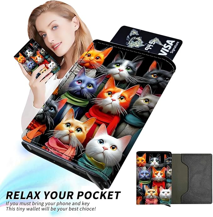 Minimalist Wallet for Men's Card Holders, Pop-Up Card Case Wallets for Women, Leather Automatic Credit Card Holder with Metal Money Clip RFID Blocking Bifold Pocket, Artistic watercolor cat