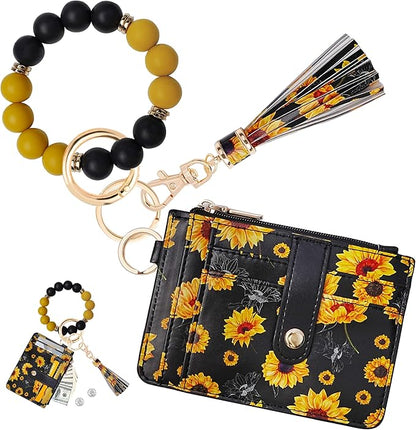 KNGITRYI Wallet Keychain Wristlet for Women,Slim RFID Credit Card Holder Purse Tassel Keychain Bangle Key Ring for Men Women