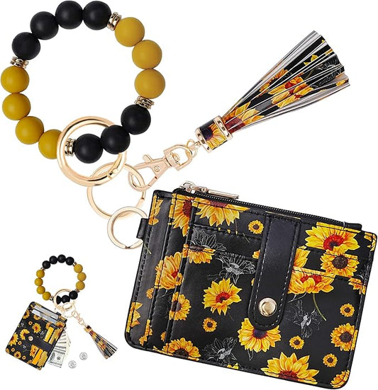 KNGITRYI Wallet Keychain Wristlet for Women,Slim RFID Credit Card Holder Purse Tassel Keychain Bangle Key Ring for Men Women