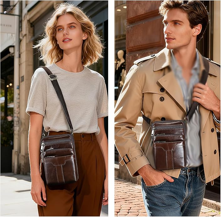 MASIWEI Real Leather Crossbody Bag for Men Women Hiking Small Purse Convertible Belt Loop Shoulder Bag for Phone Passport