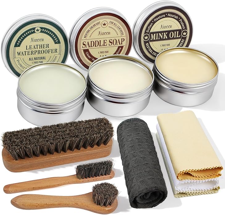 Nuroon 10Pcs Leather Care Kit- 3Pcs Horsehair Brushes, 1.76oz Saddle Soap, 1.76oz Mink Oil and Wax Waterproofer