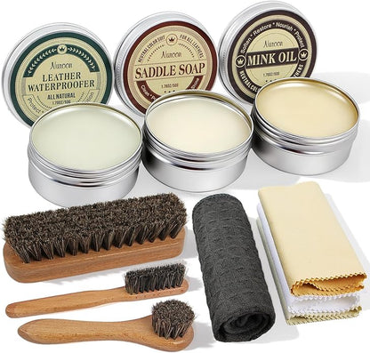 Nuroon 10Pcs Leather Care Kit- 3Pcs Horsehair Brushes, 1.76oz Saddle Soap, 1.76oz Mink Oil and Wax Waterproofer
